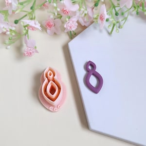 Peut inclure: Un emporte-pièce à boucles d'oreilles en pâte polymère rose clair et pêche et une boucle d'oreille violette finie. L'emporte-pièce a un design en couches avec une forme arrondie. La boucle d'oreille finie est de couleur violette unie. Fleurs roses en arrière-plan.