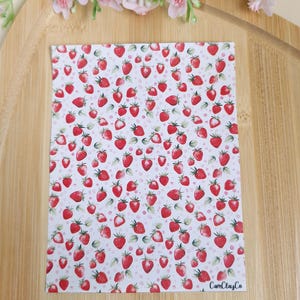 May include: A rectangular sheet with a repeating pattern of red strawberries and green leaves on a white background with pink polka dots. The text "CamClayCo" is visible in the lower right corner.