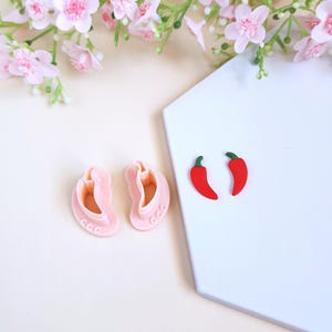 Könnte beinhalten: Zwei rote Ohrringe in Chili-Pfeffer-Form mit grünen Stielen und zwei rosa Ausstecher in Schuhform. Der Hintergrund umfasst rosa Blumen und eine weiße geometrische Form.