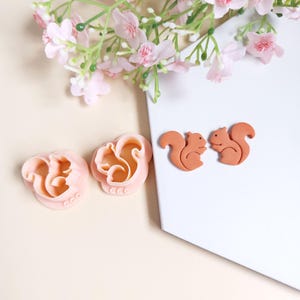 May include: Two brown clay squirrel shapes and two pink plastic squirrel cookie cutters. The cutters are on a white surface with a pink background.