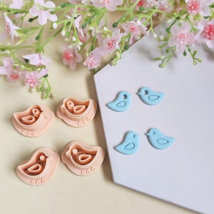 Peut inclure: Ensemble de découpoirs à biscuits roses en forme d'oiseaux et décorations bleues en forme d'oiseaux. Les découpoirs représentent un oiseau dans un nid. Des fleurs roses sont en arrière-plan.