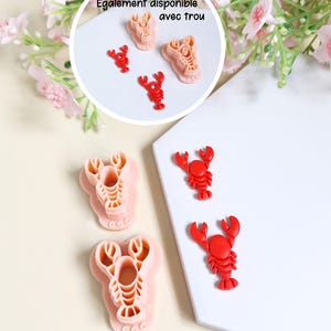 May include: A collection of lobster-shaped cookie cutters and red lobster-shaped decorations. The cutters are light pink, and the decorations are bright red. The image includes the text "Également disponible avec trou."