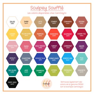 May include: A color chart for Sculpey Souffl&eacute; polymer clay, featuring a variety of colors in hexagonal shapes. Colors include Igloo, Ivory, Latte, Cowboy, and more. The text "Sculpey Souffl&eacute;" is at the top, with the CamClayCo logo at the bottom.