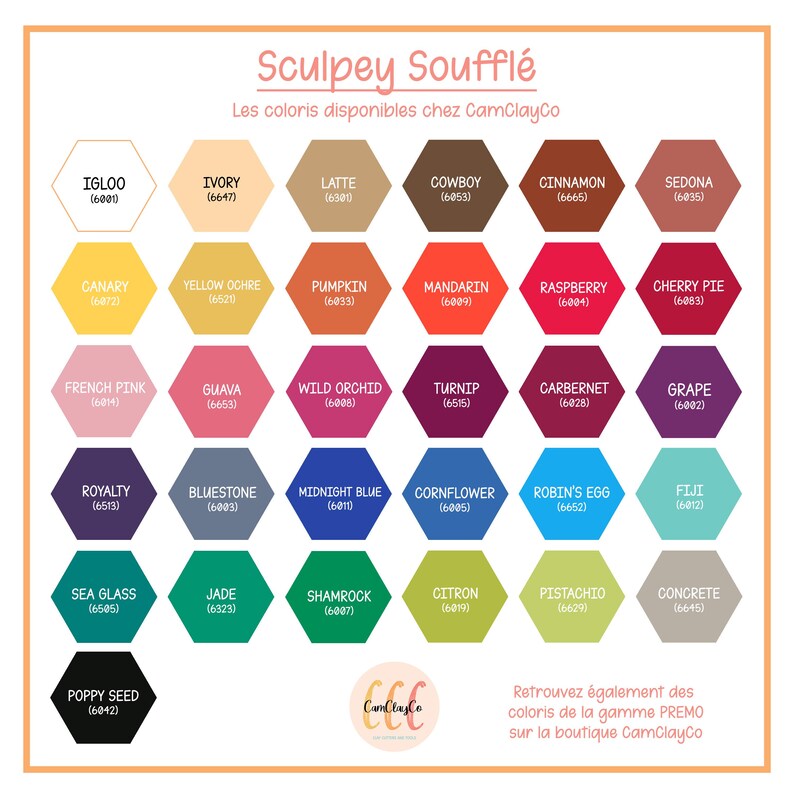 May include: A color chart for Sculpey Souffl&eacute; polymer clay, featuring a variety of colors in hexagonal shapes. Colors include Igloo, Ivory, Latte, Cowboy, and more. The text "Sculpey Souffl&eacute;" is at the top, with the CamClayCo logo at the bottom.