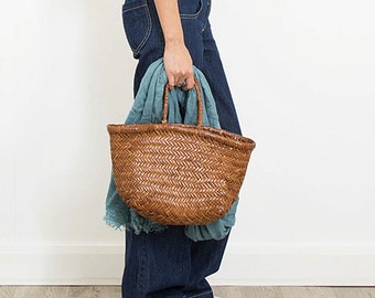 Leather Woven Vegetable Basket Bag, Vegetable Basket Leather Handbag, Genuine Leather Handbag, Handmade Woven Bag