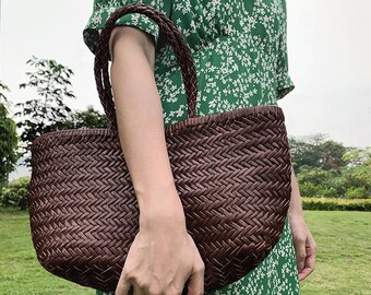 Leather Woven Vegetable Basket Bag, Vegetable Basket Leather Handbag, Genuine Leather Handbag, Handmade Woven Bag