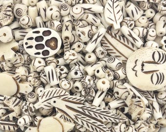 1/4lb White & Black Bone Beads and charms, Batik Bone Beads, Bone Tube Beads, Mixed Bone Bead Lot, Animal Bone Beads, Round Bone Beads INB01