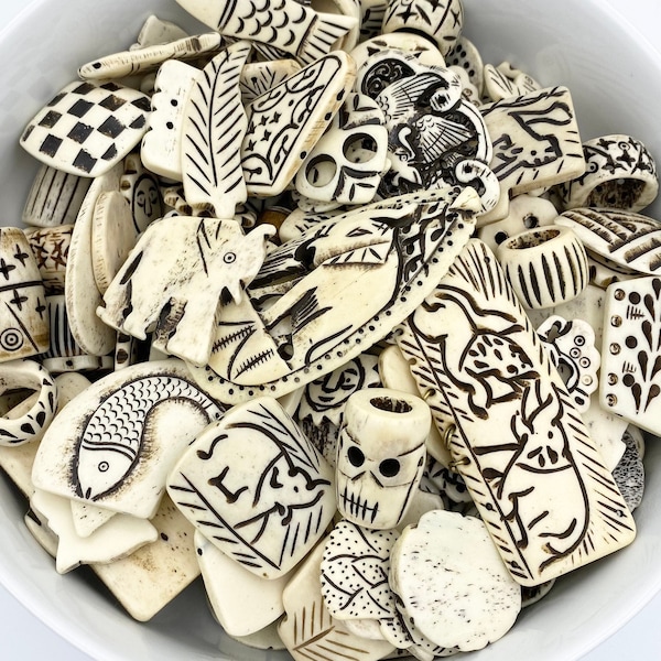 1/4lb Carved White Bone Bead Mix, Tribal Carvings, Carved Bone, Bead Lot, Bulk Beads, Bone Pendants, Bone Bead Lot, Buffalo, Charms, Tubes