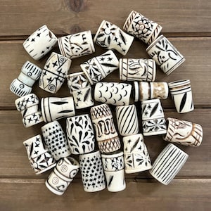 10pc Large Hole Bone Beads, Bone Tube Beads, Carved Bone Beads, Black & White Bone Beads, Barrel Bone Beads, Wide Hole Bone Beads, Batik