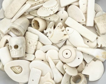 1/2lb White Bone Bead Mix, Carved Bone, Bead Lot, Half Pound, Bone Pendants, Bone Bead Lot, Bone Beads Bulk, Wholesale, Jewelry Supplies