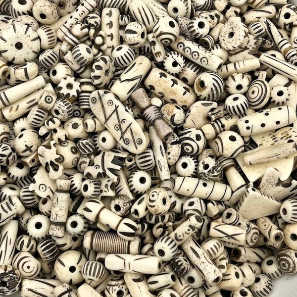 1/4lb Carved Bone Beads, Batik Beads, Black and White Bone Beads, Bone Tube Beads, Mixed Bone Bead Lot, Animal Bone Beads, Round Bone Beads