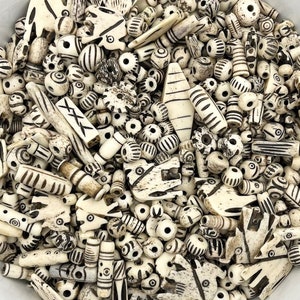 1/4lb Carved Bone Beads, Batik Beads, Black and White Bone Beads, Bone Tube Beads, Mixed Bone Bead Lot, Animal Bone Beads, Round Bone Beads