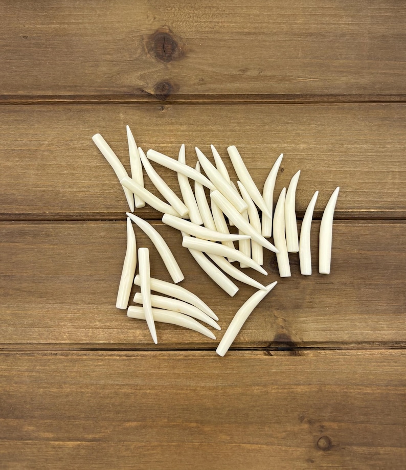 May include: A collection of numerous small, smooth, off-white, curved, tapered, horn-shaped objects arranged in a loose pile. Each piece features a pointed end and a blunt base, with a consistent ivory-like color and a polished, solid appearance.