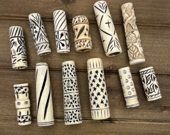 10pc Large Carved Bone Beads, Black & White Bone Beads, Barrel Bone Beads, Wide Hole Bone Beads, Bone Tube Beads, Batik Beads, Buffalo Bone