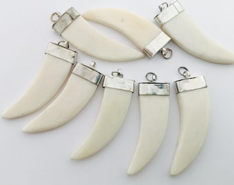 5pc 50mm Carved Bone Tusk Pendants, Horn Shape Pendants, Teeth Tooth Pendants, Water Buffalo Tusk Charms, White Bone Tusk Pendants, Spikes