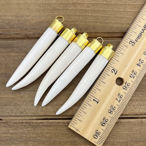 3pc 2.5&quot; Carved Buffalo Bone Tusk Pendants, 66mm, Tooth Pendants, Water Buffalo, White Bone Pendants, Wholesale Tusk Charms, Gold Bone Spike