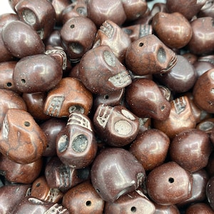 10pc 18mm Brown Skull Beads, Magnesite Skulls, Skeleton Beads, Skull Beads, Skull Charms, Halloween Skull Beads, Gemstone Skull Beads