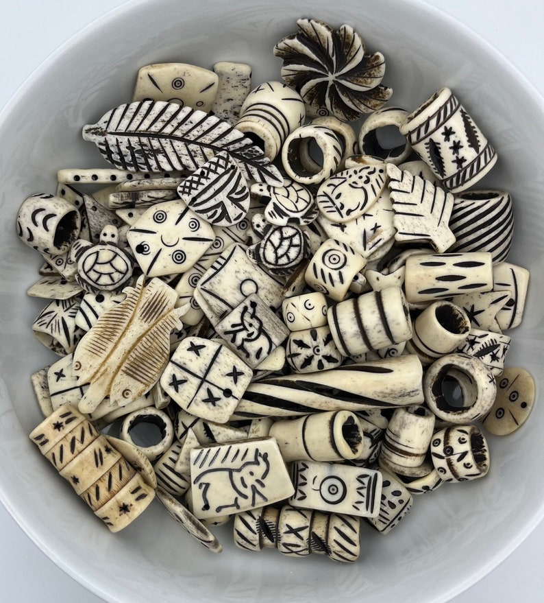 1/2lb Carved White Bone Bead Mix, Tribal Carvings, Carved Bone, Buffalo Bone Beads, Bulk Beads, Bone Pendants, Bone Bead Lot, Bone Charms image 3