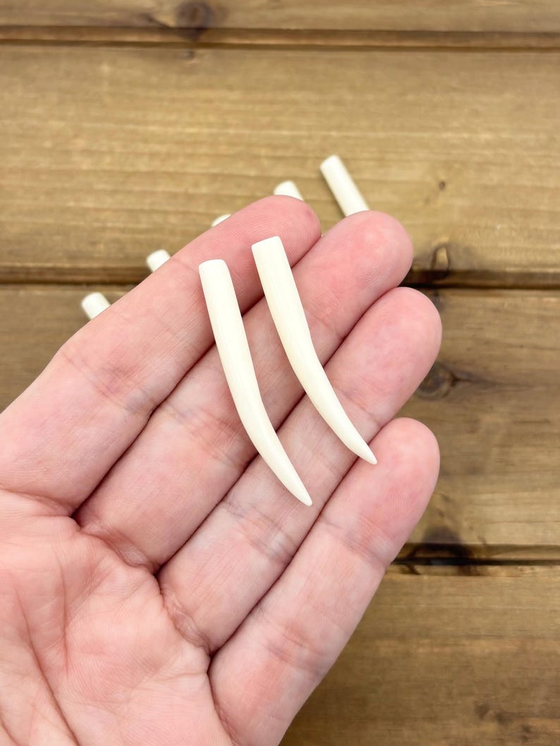 May include: A collection of small, smooth, off-white, curved, tapered, horn-shaped components. These solid, ivory-colored pieces feature a rounded top and a pointed bottom, resembling a tusk or claw shape, presented in a simple, uniform design.