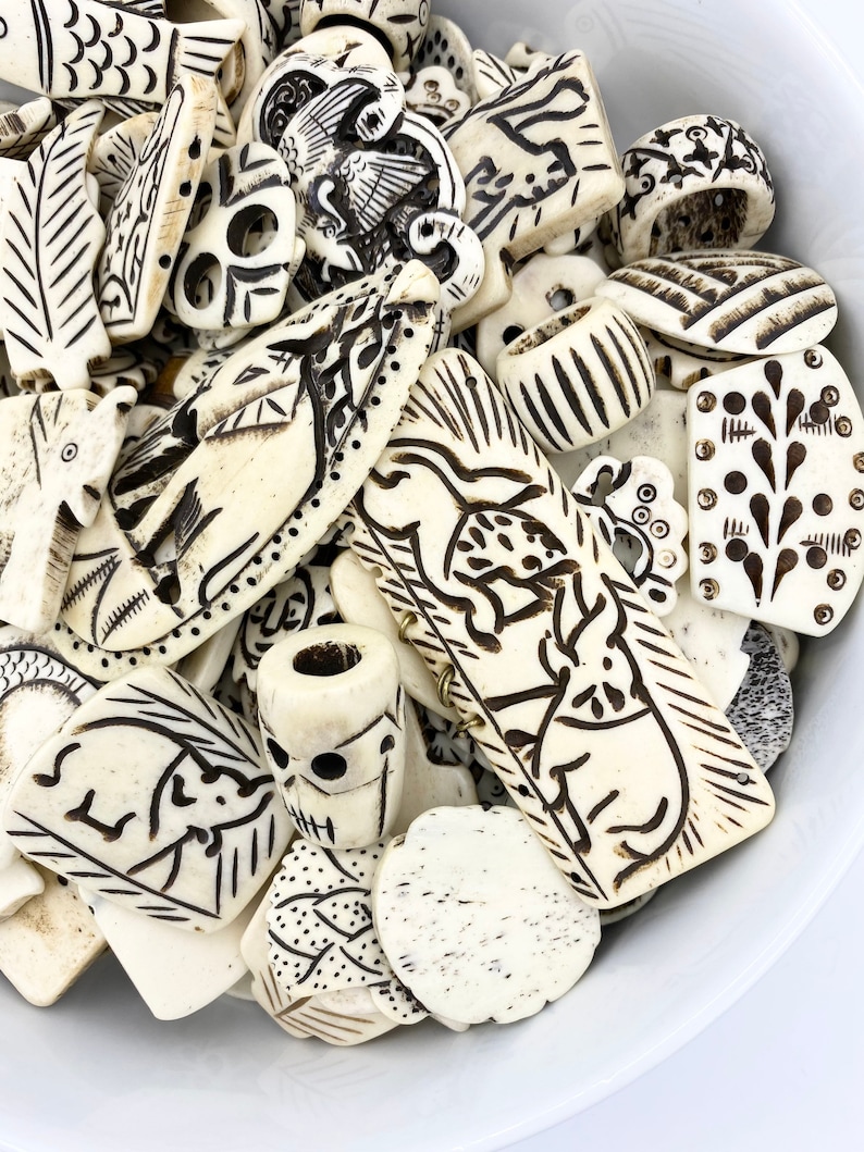 1/2lb Carved White Bone Bead Mix, Tribal Carvings, Carved Bone, Buffalo Bone Beads, Bulk Beads, Bone Pendants, Bone Bead Lot, Bone Charms image 2
