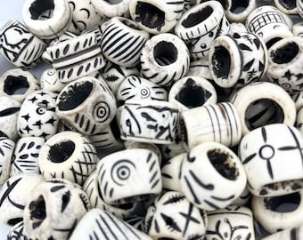 10pc Carved Bone Beads, Black & White Bone Beads, Barrel Bone Beads, Wide Hole Bone Beads, Bone Tube Beads, Batik Beads, Costume Bone Beads
