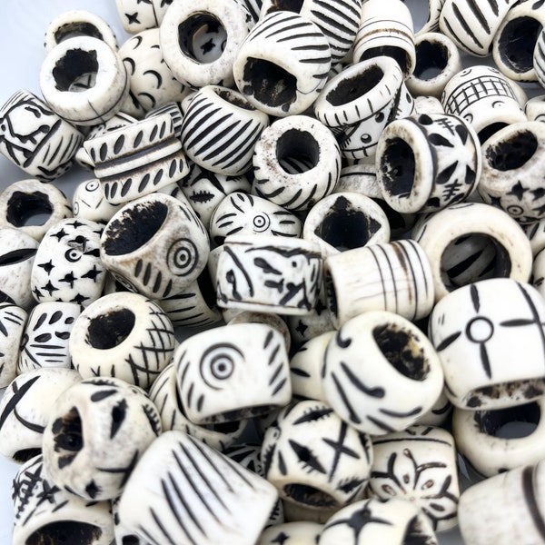 10pc Carved Bone Beads, Black & White Bone Beads, Barrel Bone Beads, Wide Hole Bone Beads, Bone Tube Beads, Batik Beads, Costume Bone Beads