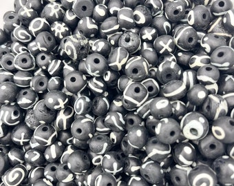 1/4lb Black Bone Bead Mix with White Design, Round Bone Beads, 10-15mm, 1/4 Pound, Native, Bulk Beads, Tribal, Buffalo, Ox, Batik Beads Lot