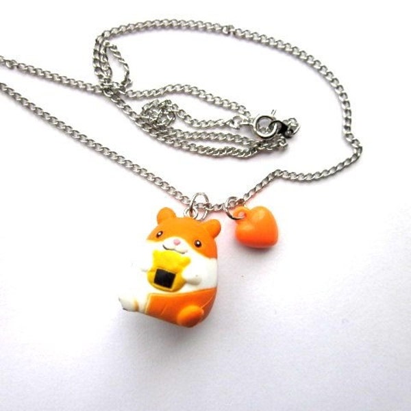 Hamster Necklace, Orange HamsterNecklace, Rodent Necklace, White Heart Kawaii Necklace, Anime Necklace