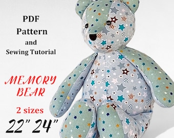 May include: PDF pattern and sewing tutorial for a memory bear. The bear is made of blue fabric with white stars and is sitting on a white background. The bear is 22" or 24" tall.