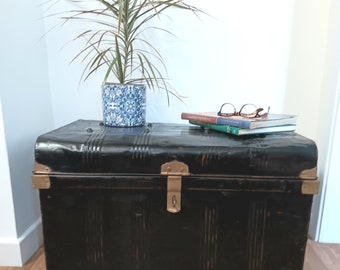 Vintage  Trunk . Steel Trunk. Tin  trunk .coffee table.  Storage .toy box.