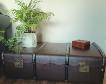 Vintage wooden banded travel trunk Steamer trunk coffee table, storage.