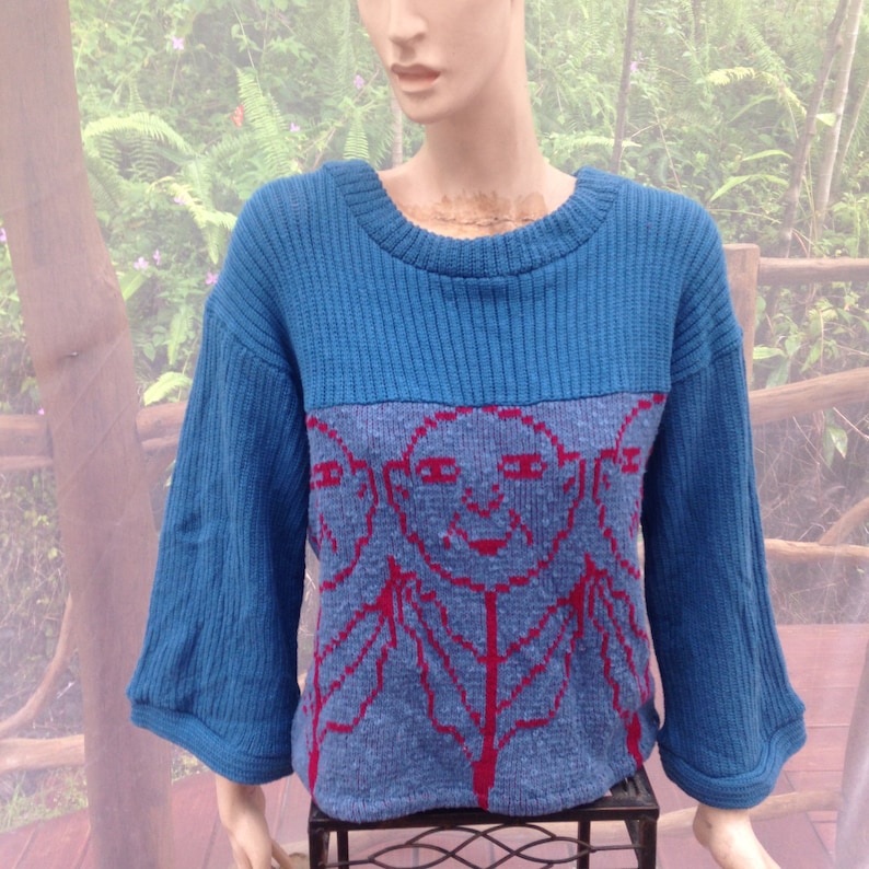 handmade flower faces loose fit top with wide sleeves flowered top Cotton womens sweater in denim blue ribbed knit cotton pullover ML