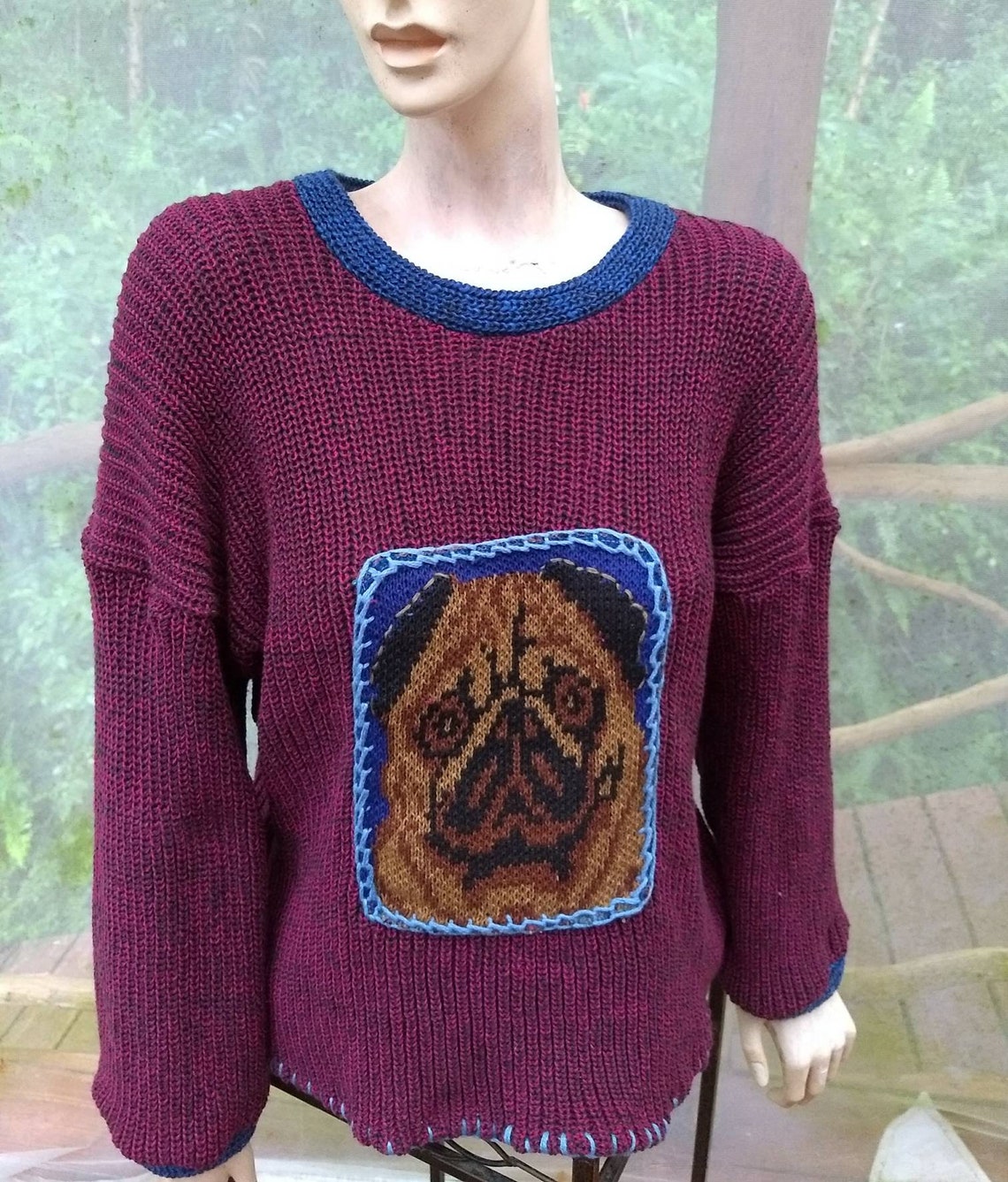 Slouchy Strickpullover mit Mops Hund Patch Eine Größe Etsy