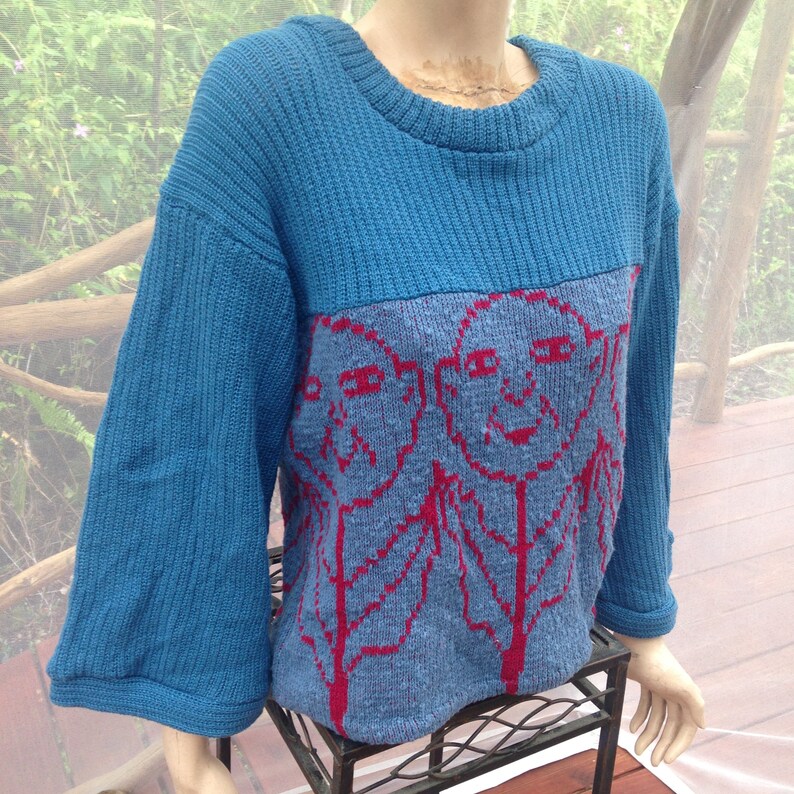 handmade flower faces loose fit top with wide sleeves flowered top Cotton womens sweater in denim blue ribbed knit cotton pullover ML