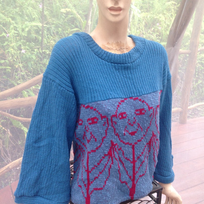 handmade flower faces loose fit top with wide sleeves flowered top Cotton womens sweater in denim blue ribbed knit cotton pullover ML