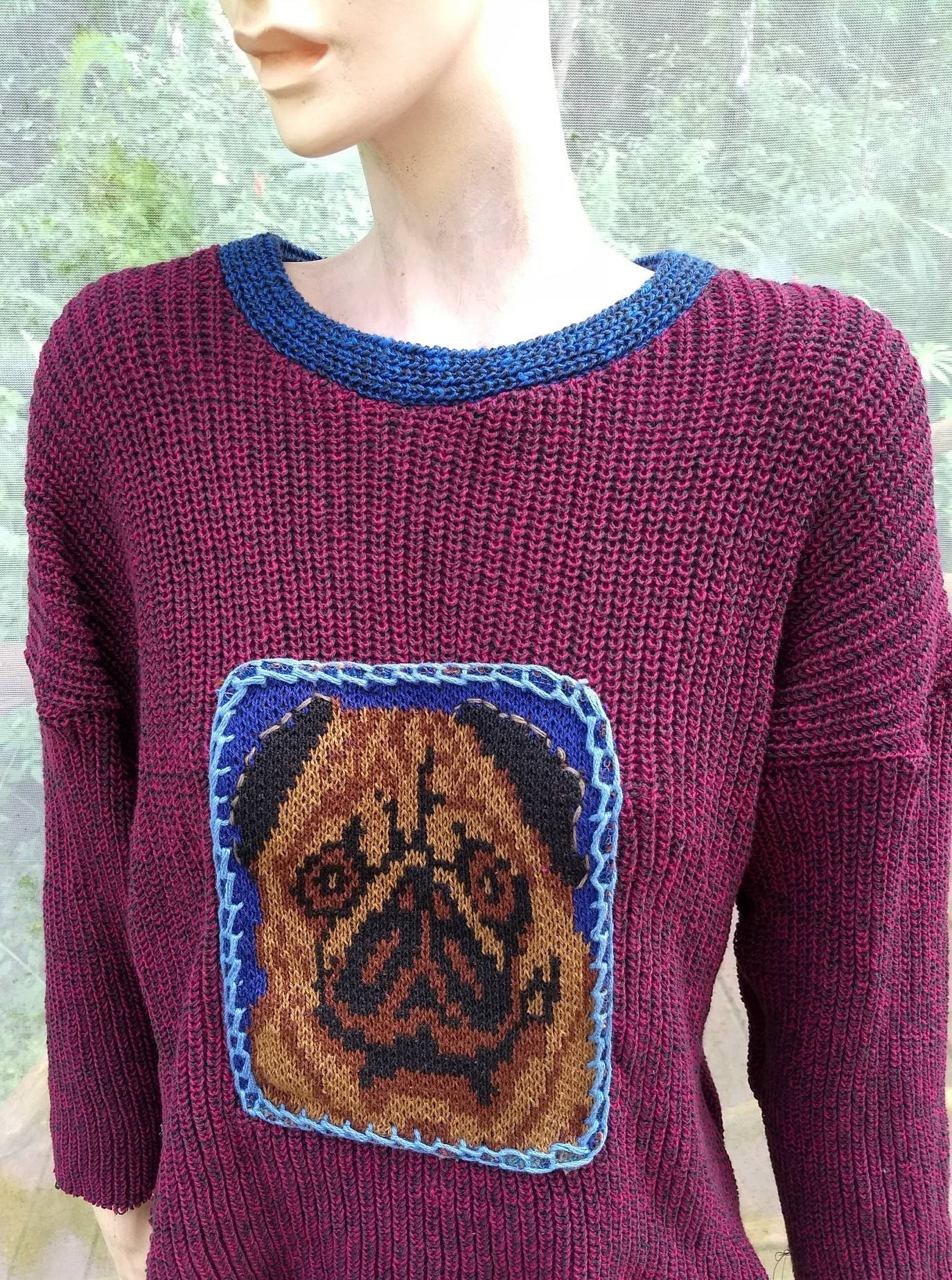 Slouchy Strickpullover mit Mops Hund Patch Eine Größe Etsy