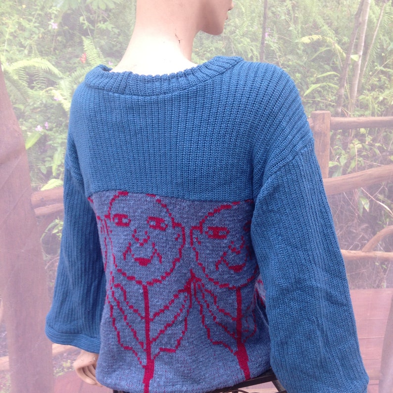 handmade flower faces loose fit top with wide sleeves flowered top Cotton womens sweater in denim blue ribbed knit cotton pullover ML