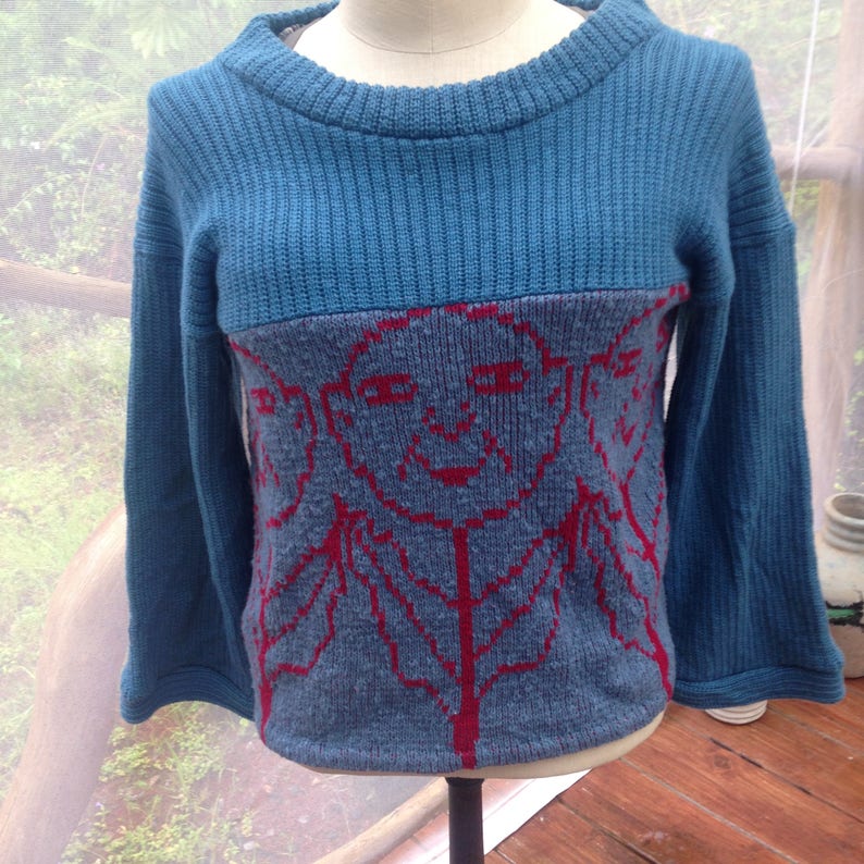 handmade flower faces loose fit top with wide sleeves flowered top Cotton womens sweater in denim blue ribbed knit cotton pullover ML