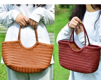 Sac à bandoulière en cuir tissé en cuir de vache véritable tissé - Fourre-tout panier de légumes, le cadeau parfait pour la fête des mères ou les vacances de tous les jours