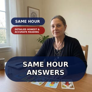 May include: A woman sits at a wooden table with tarot cards laid out. Text on the image reads "SAME HOUR ANSWERS" and "SAME HOUR" and "DETAILED HONEST & ACCURATE READING". The woman is wearing a black top and multiple necklaces.