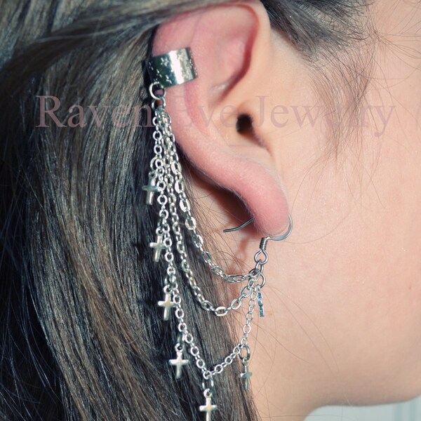 Cross Ear Cuff Tiny Silver tone Crosses Charms and Chains