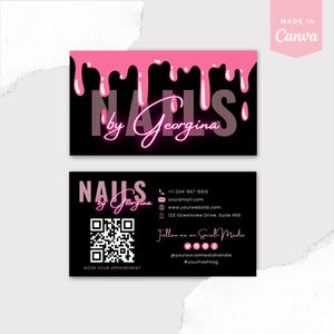 QR-Code Visitenkarte Vorlage | Pink Nail Tech bearbeitbare Nageldesigner-Salon-Visitenkarten Canva Template Kundenspezifische Nagel-Techniker-Rosa-Karte