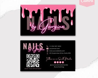 Sjabloon voor visitekaartjes met QR-code | Pink Nail Tech bewerkbare nagelstylist salon visitekaartjes Canva sjabloon aangepaste nagelstyliste roze kaart