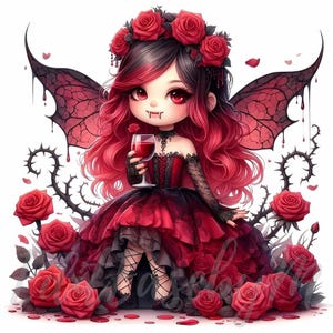 Vampir Rose Fee Clipart | 10 hochwertige 300 DPI JPEGs Kommerzielle Nutzung dunkelrotes Gothic Mädchen Halloween Blumen Kawaii Fantasy gruseliges Dekor