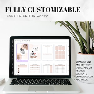 May include: A laptop screen displaying a digital planner template with the text "The 12 Week Year Planner". The planner is divided into sections for vision, goals, and weekly calendars. The text "Fully Customizable, Easy to Edit in Canva" is displayed above the laptop.