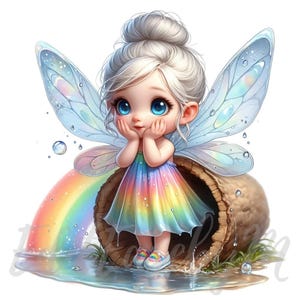 Clipart fata sprite goccia di pioggia / 10 JPEG di alta qualità a 300 DPI per uso commerciale, clip art di ragazza carina con arcobaleno stravagante, decorazione magica primaverile