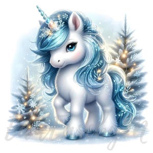 Inverno Unicórnio Clipart | 10 Alta Qualidade 300 DPI JPEGs Uso Comercial Neve Floresta Bonito Bebê Unicórnio Mágico Fantasia Animal Festivo Feriado