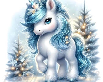 May include: A white unicorn with a blue mane and tail stands in a snowy winter scene. The unicorn has a gold horn and is decorated with snowflakes. There are two snow-covered pine trees with lights behind the unicorn.