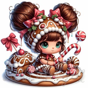 Gnomo de ensueño de jengibre (10 imágenes en formato JPG de alta calidad a 300 DPI, uso comercial), niña navideña caprichosa, decoración kawaii de la tierra de los dulces.