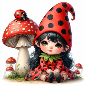 Clipart di Dottie Clovermint Gnome / 10 JPEG di alta qualità a 300 DPI per uso commerciale. Ragazza carina e stravagante, coccinella, fantasia, rosso, estate e primavera.